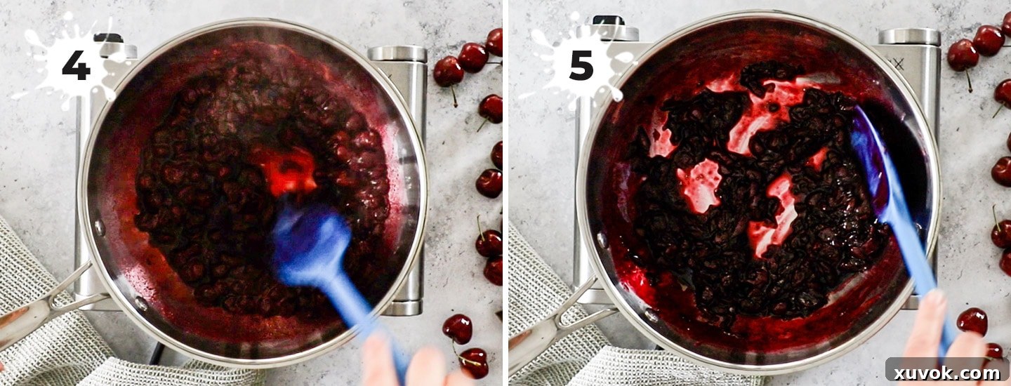 Step-by-step image illustrating how to cook the cherry jam filling for black forest cupcakes.