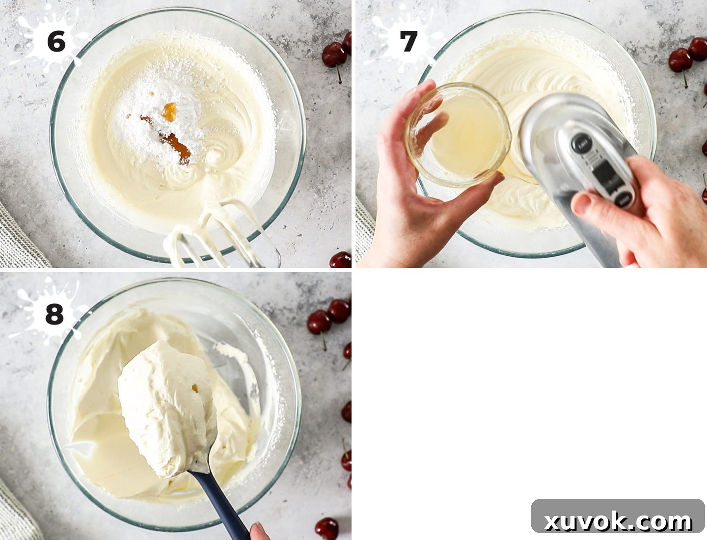 A collage of images illustrating the steps to make stabilized Chantilly cream topping.