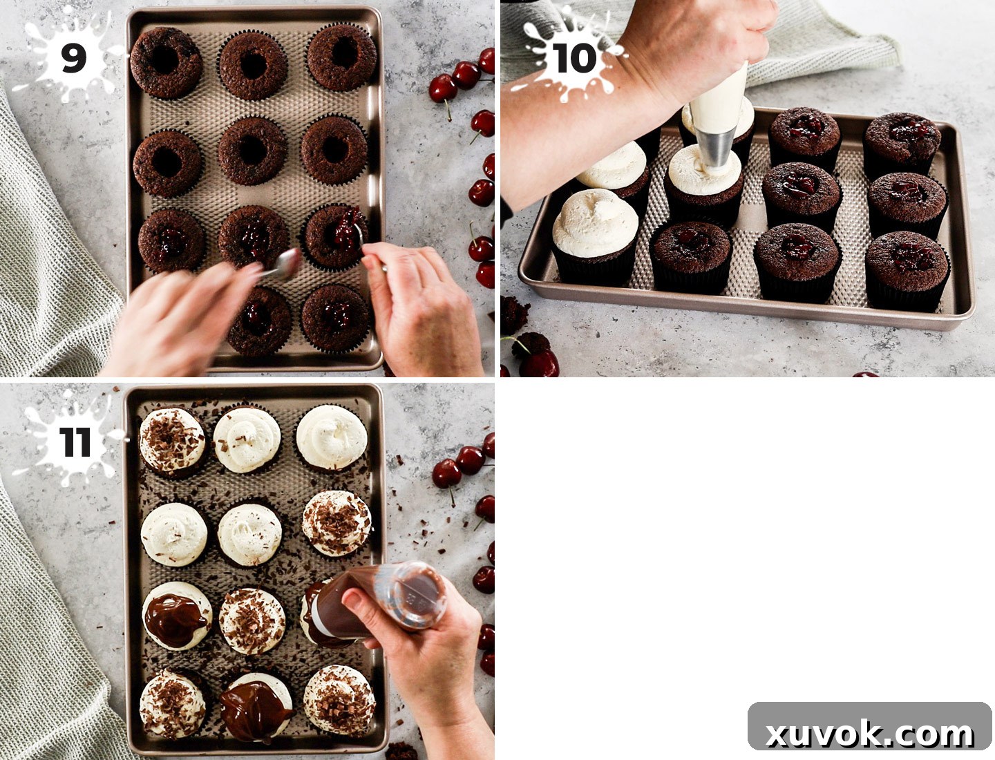 A collage of images showing the final assembly steps of black forest cupcakes.