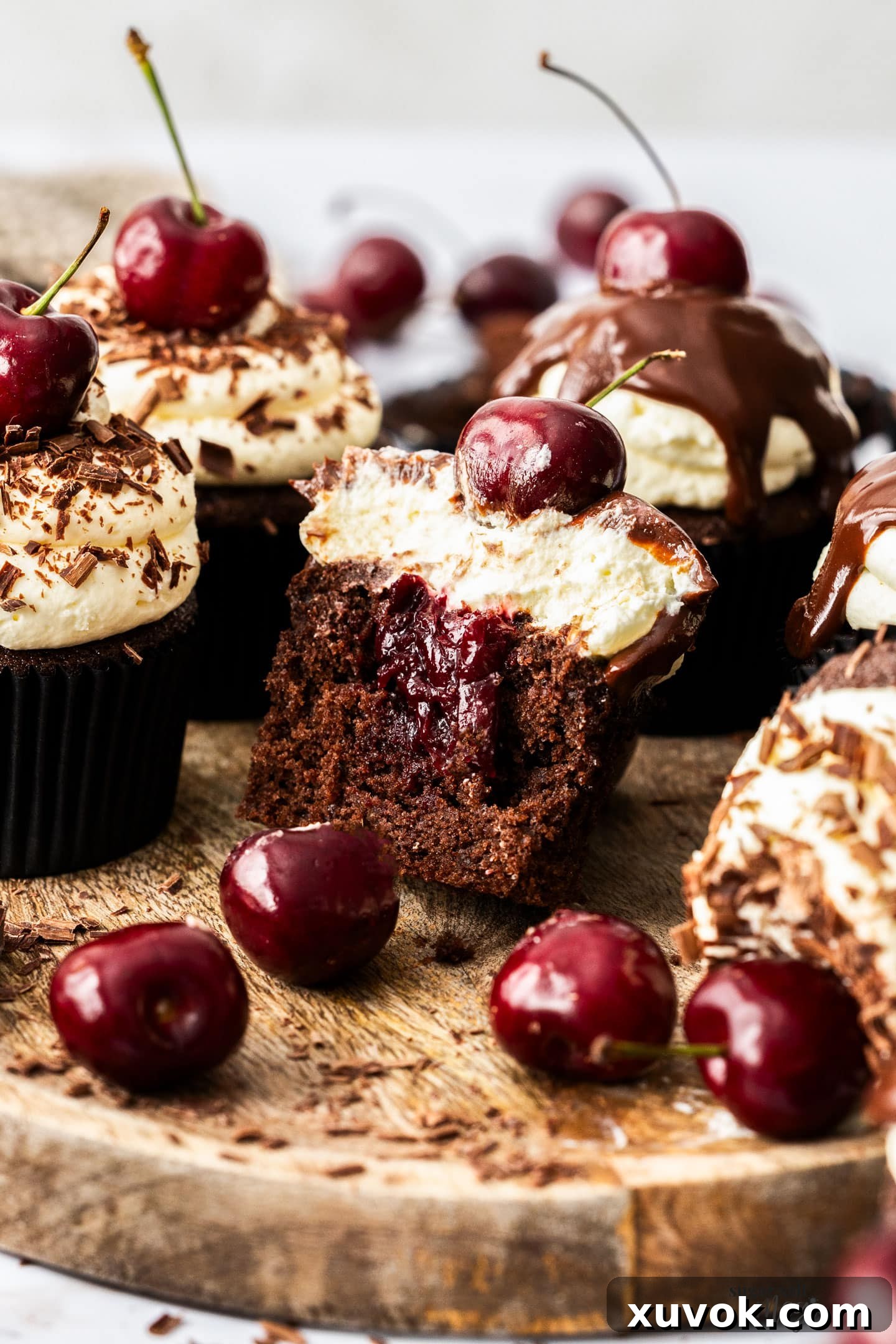 A black forest cupcake cut in half, revealing the moist chocolate cake and luscious cherry jam filling inside.