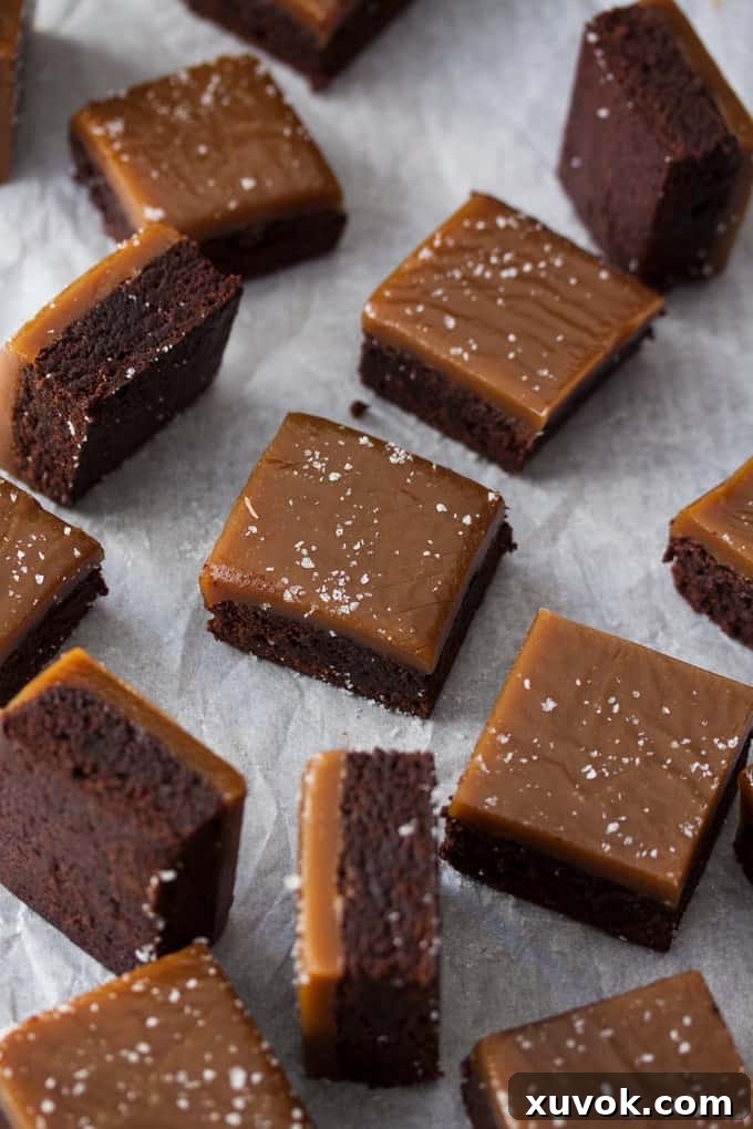 Top down view of a batch of caramel topped chocolate brownies.