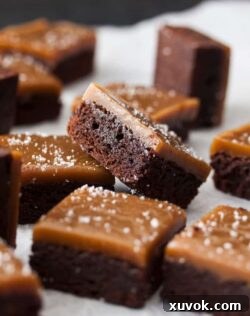 Delicious Chocolate Fudge Brownies with a topping of homemade Chewy Salted Butterscotch. No thermometer required for this butterscotch sauce.