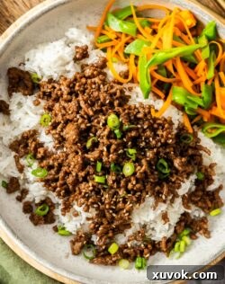 Top down view of a teriyaki beef bowl.