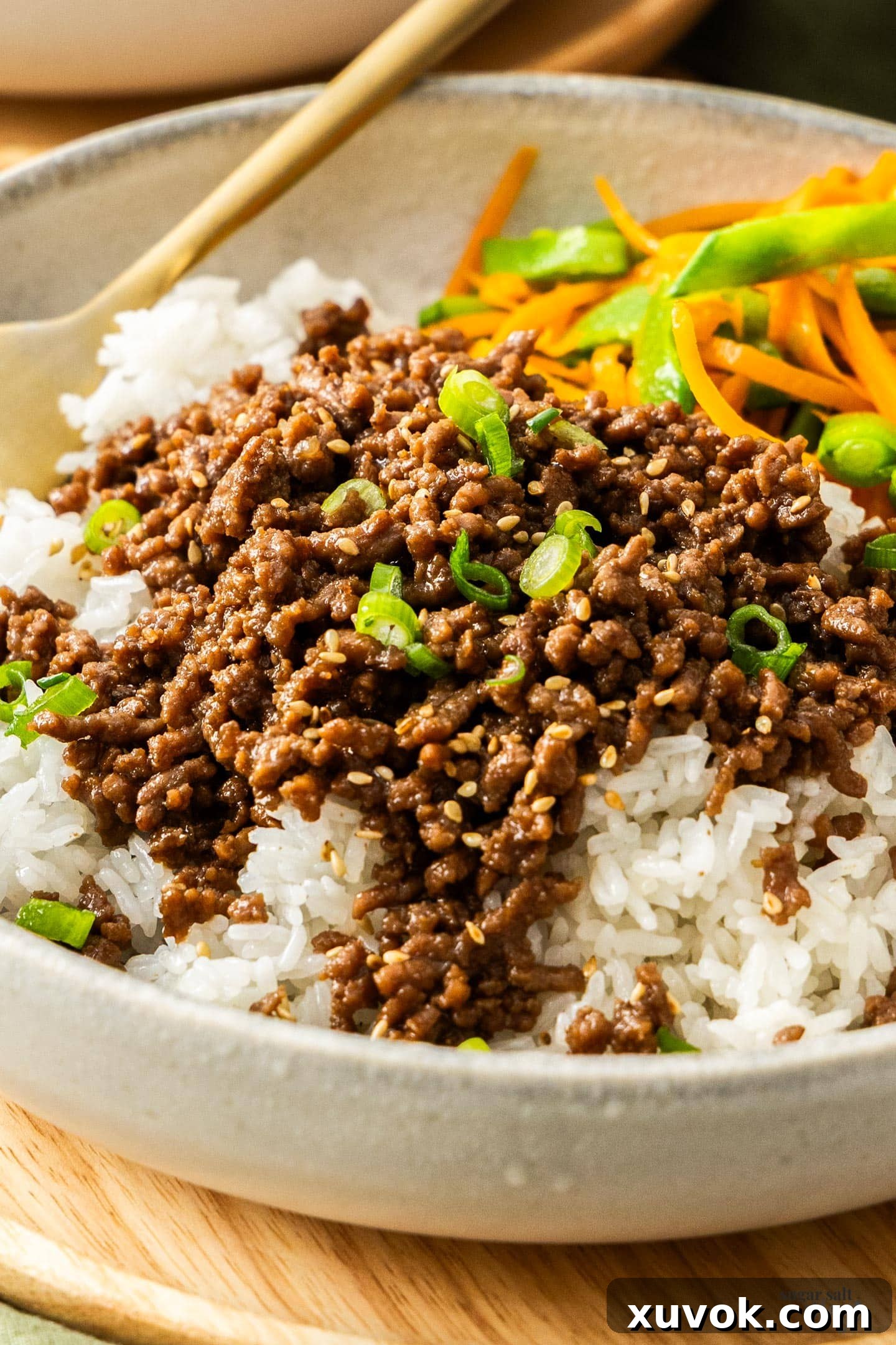 Closeup of the teriyraki beef bowl.
