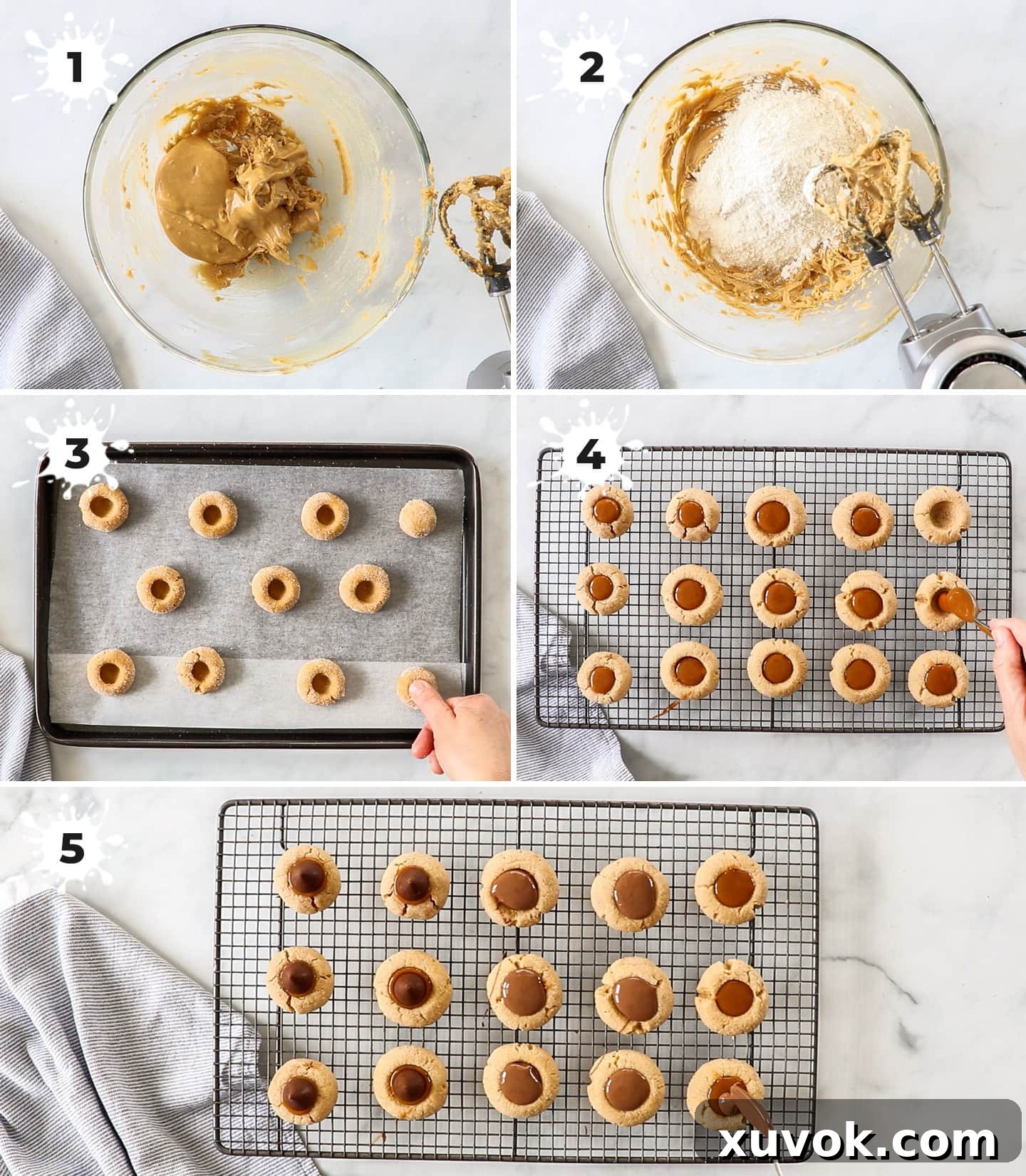 A collage of 5 images showing the step-by-step process of how to make caramel peanut butter thumbprint cookies.