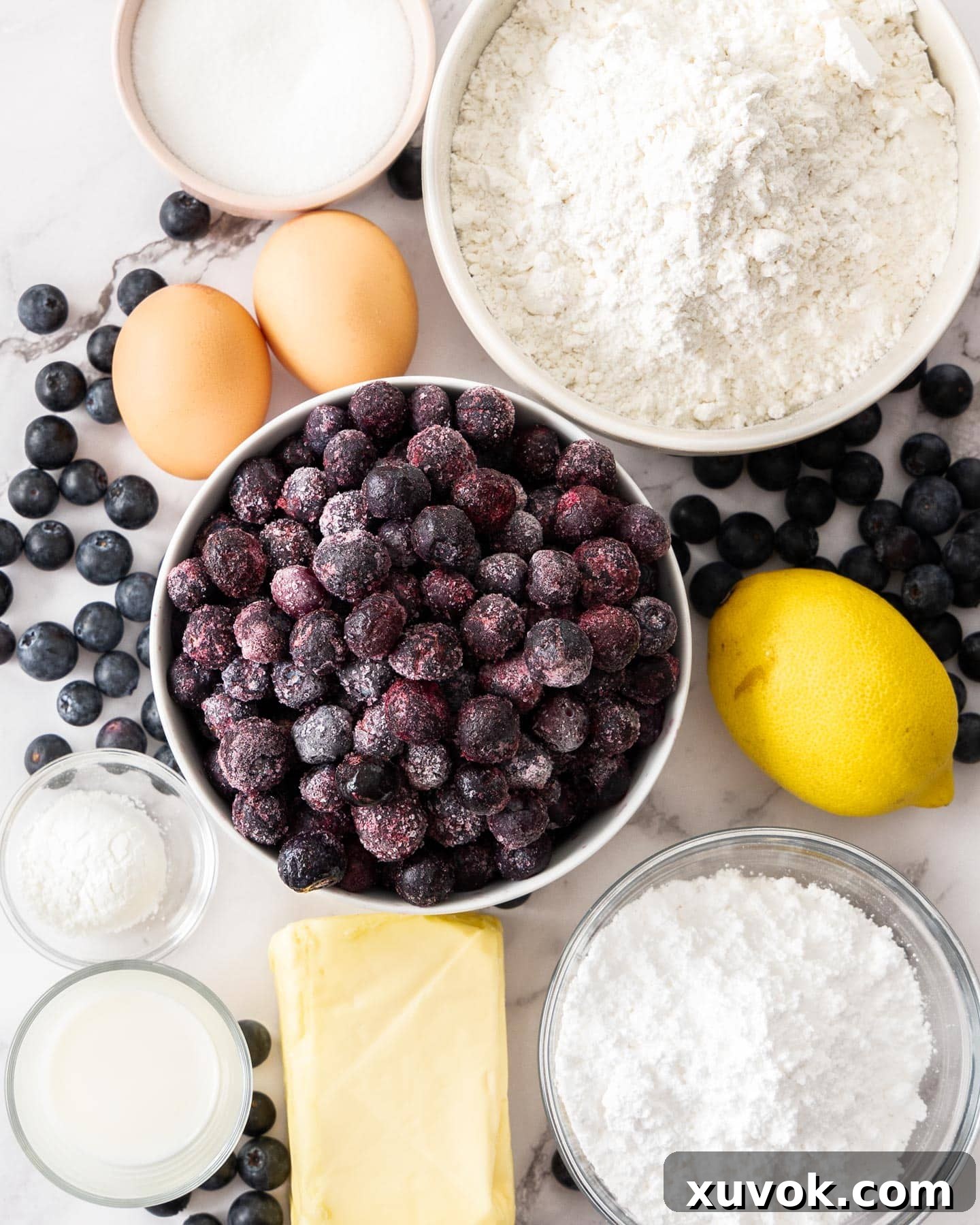 A collection of fresh ingredients laid out on a table for making homemade blueberry pop tarts, including flour, butter, eggs, blueberries, sugar, and lemon.