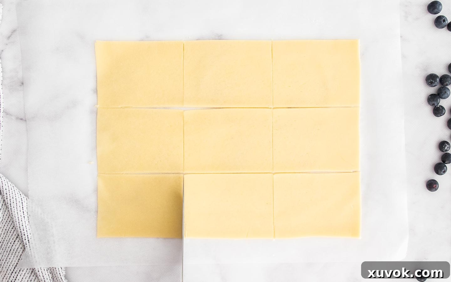 One rolled pastry sheet precisely cut into nine rectangular pop tart bases.