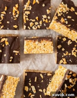 Top down view of nine perfectly cut chocolate peanut butter rice crispy bars, ready to be enjoyed.