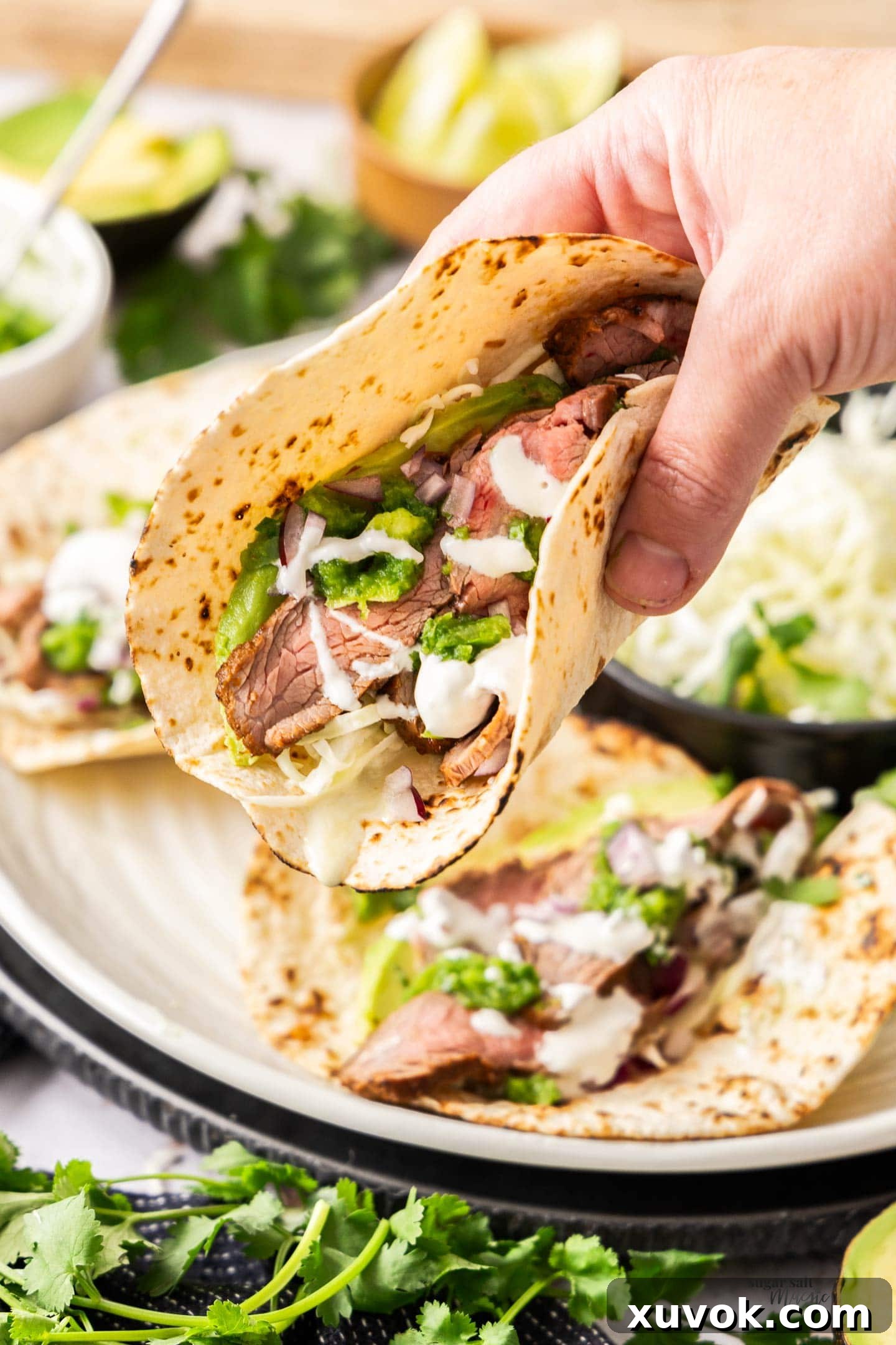 A hand holding a steak taco.