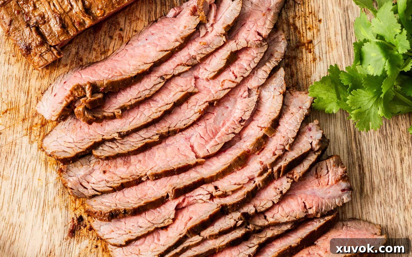 The flank steak sliced up.