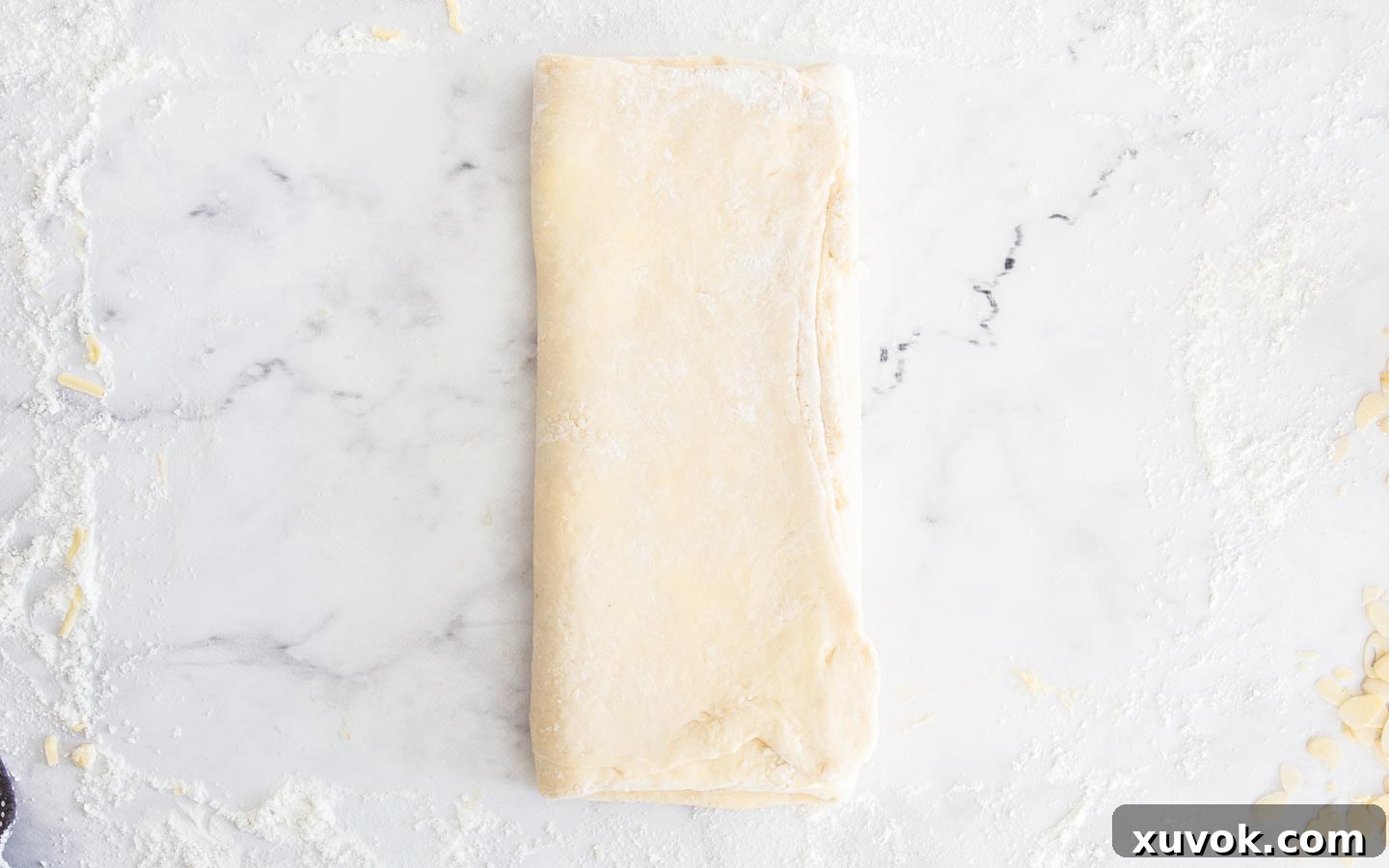 The Danish dough, now smooth and well-laminated, after all the rolling and folding stages.