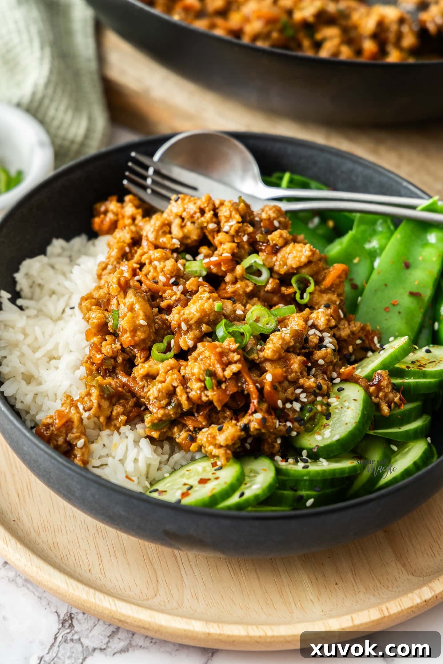 A mouth-watering closeup of the sticky chicken mince stir fry, showcasing its rich, glossy coating and fresh garnishes.