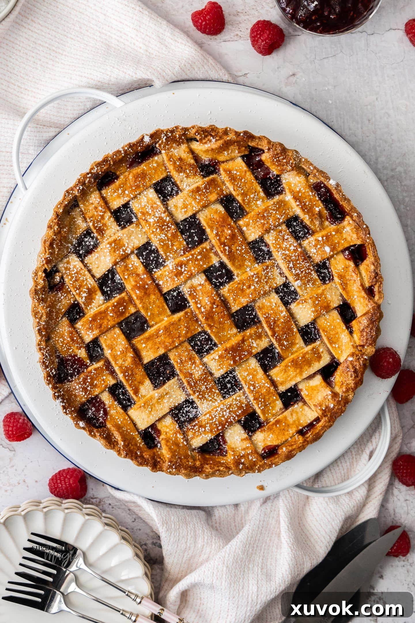 Top down view of a whole linzer torte.