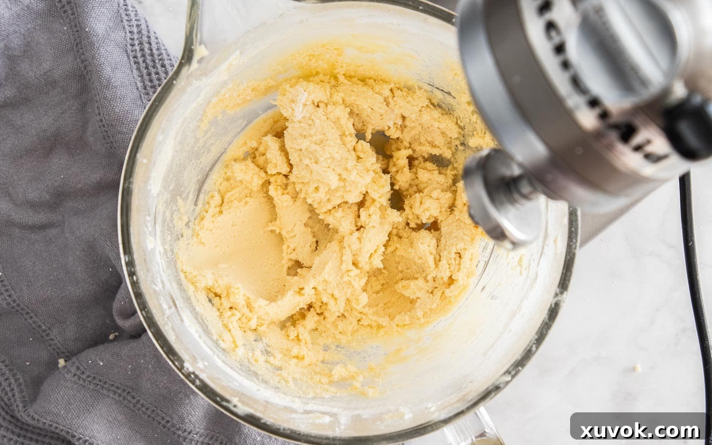 The Viennese whirl cookie dough in the mixing bowl after all ingredients have been combined.