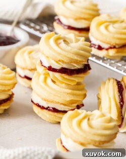 Two Viennese whirls stacked, surrounded by more biscuits, showing the detailed piped shortbread.