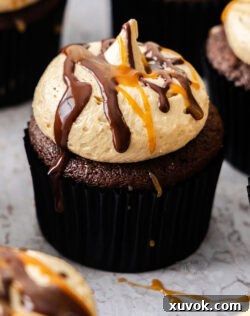 Extreme closeup of a single caramel chocolate cupcake.