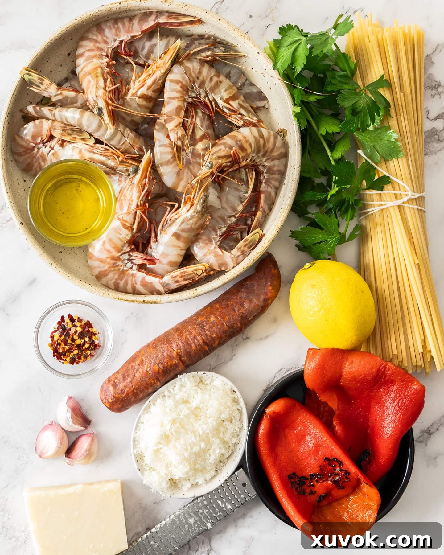 Ingredients for prawn and chorizo linguine.