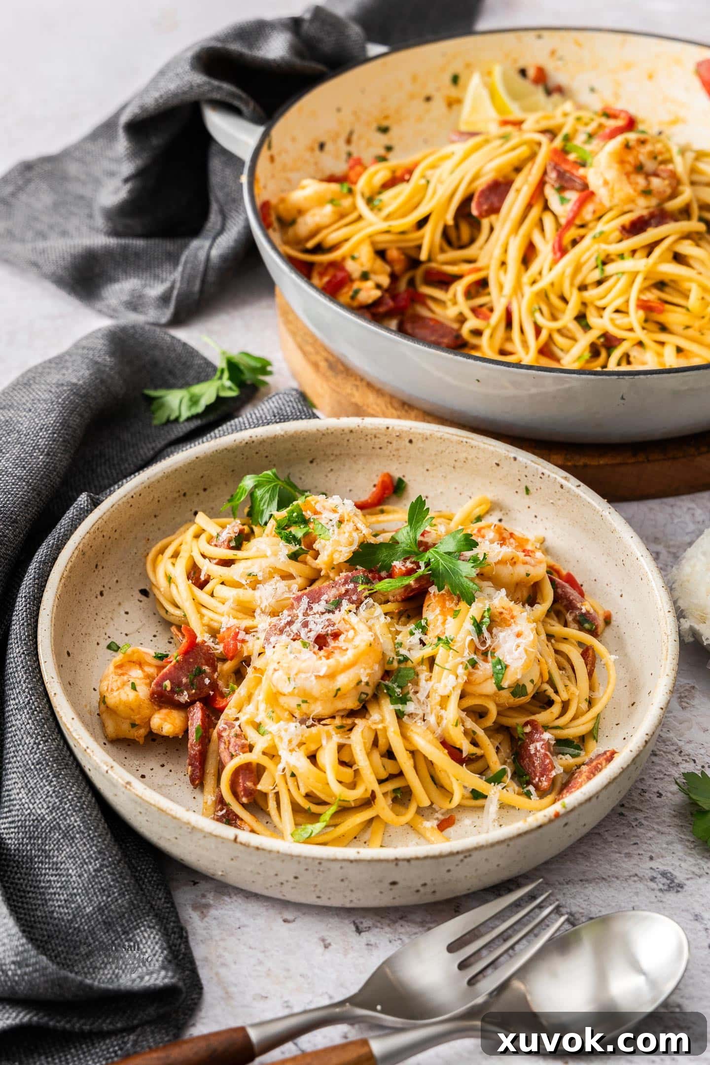 A pasta bowl filled with prawn and chorizo linguine.