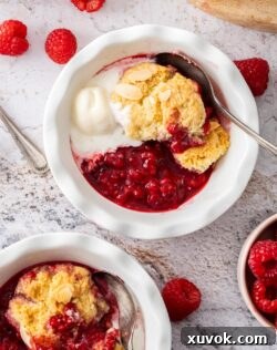 Small dessert bowls filled with raspberry cobbler and ice cream.