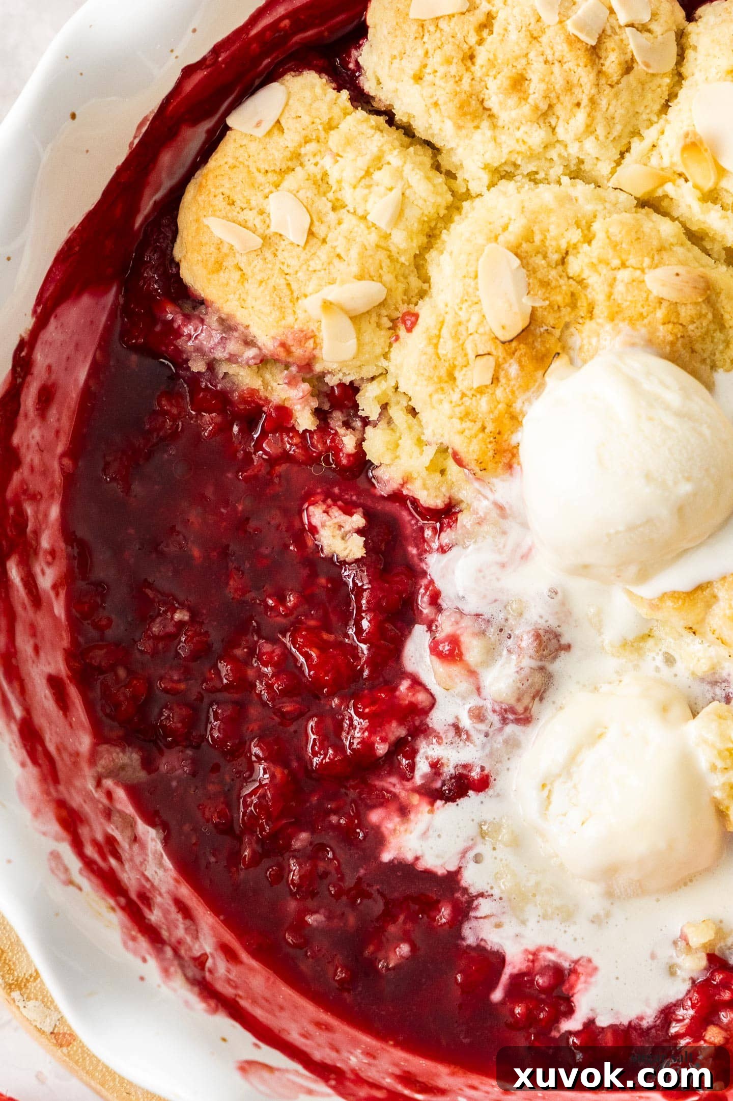 Closeup of the raspberry filling.
