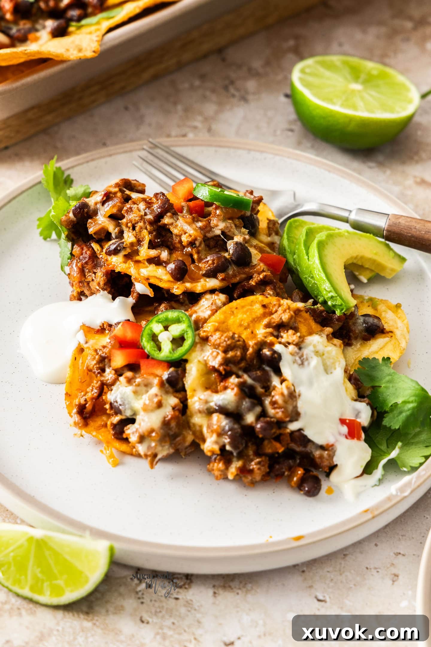 A beautifully plated single serving of chilli beef nachos, piled high with melted cheese and fresh toppings like avocado, tomatoes, and cilantro.