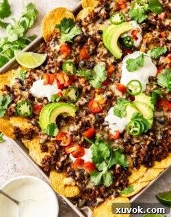 A pan of beef nachos on an angle with sour cream in a small bowl.
