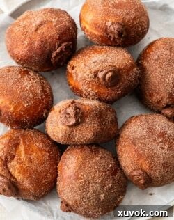 Top down view of a batch of chocolate filled donuts on a plate.