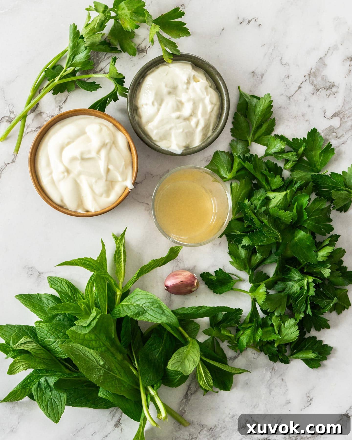 Fresh ingredients for mint mayonnaise, including mint, parsley, garlic, mayonnaise, sour cream, and apple cider vinegar, arranged on a marble surface.