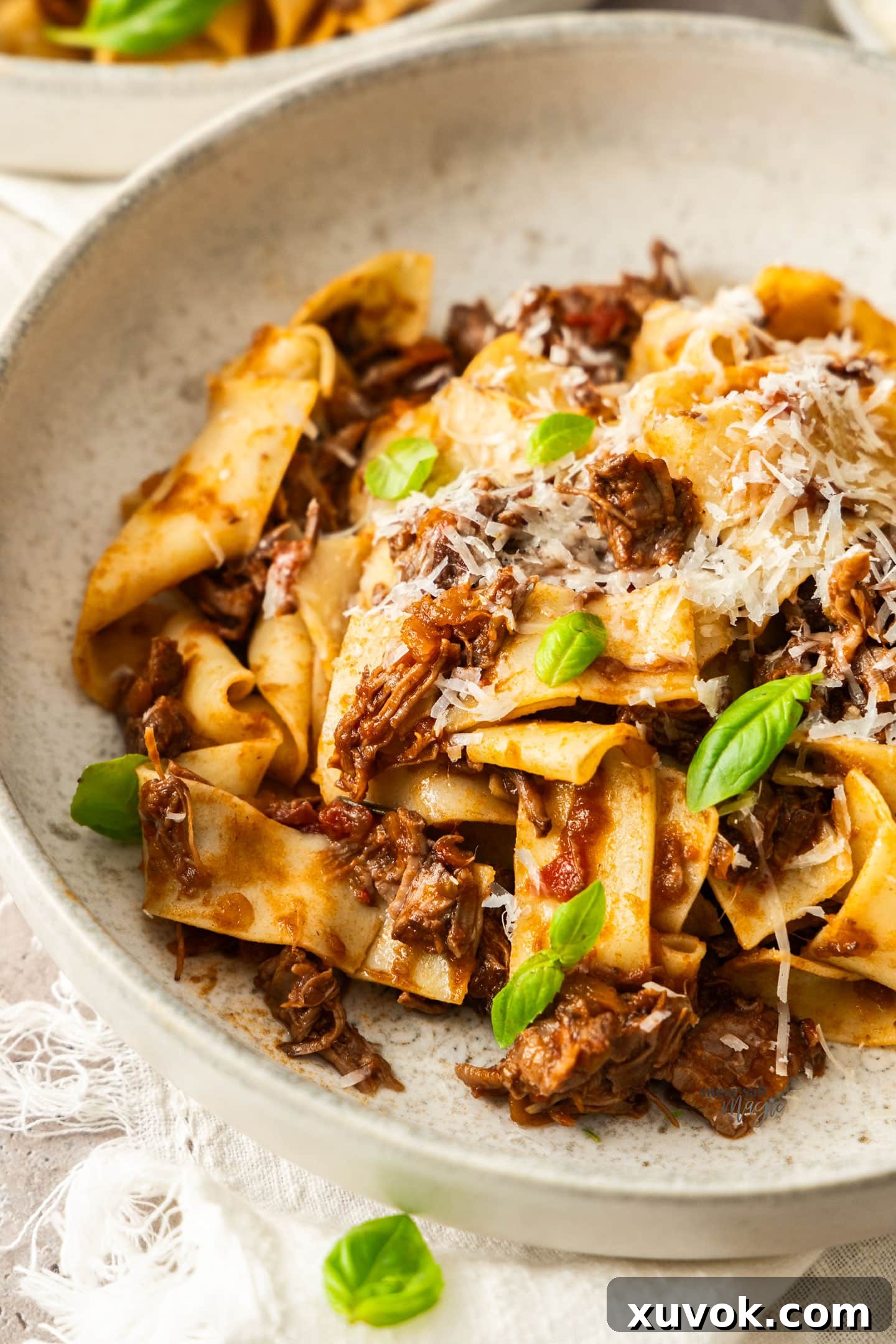 Beef shin ragu strewn through pappardelle pasta in a bowl.