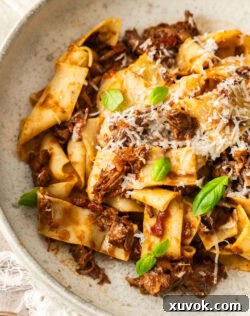 Top down view of a bowl of beef shin ragu with pappardelle.