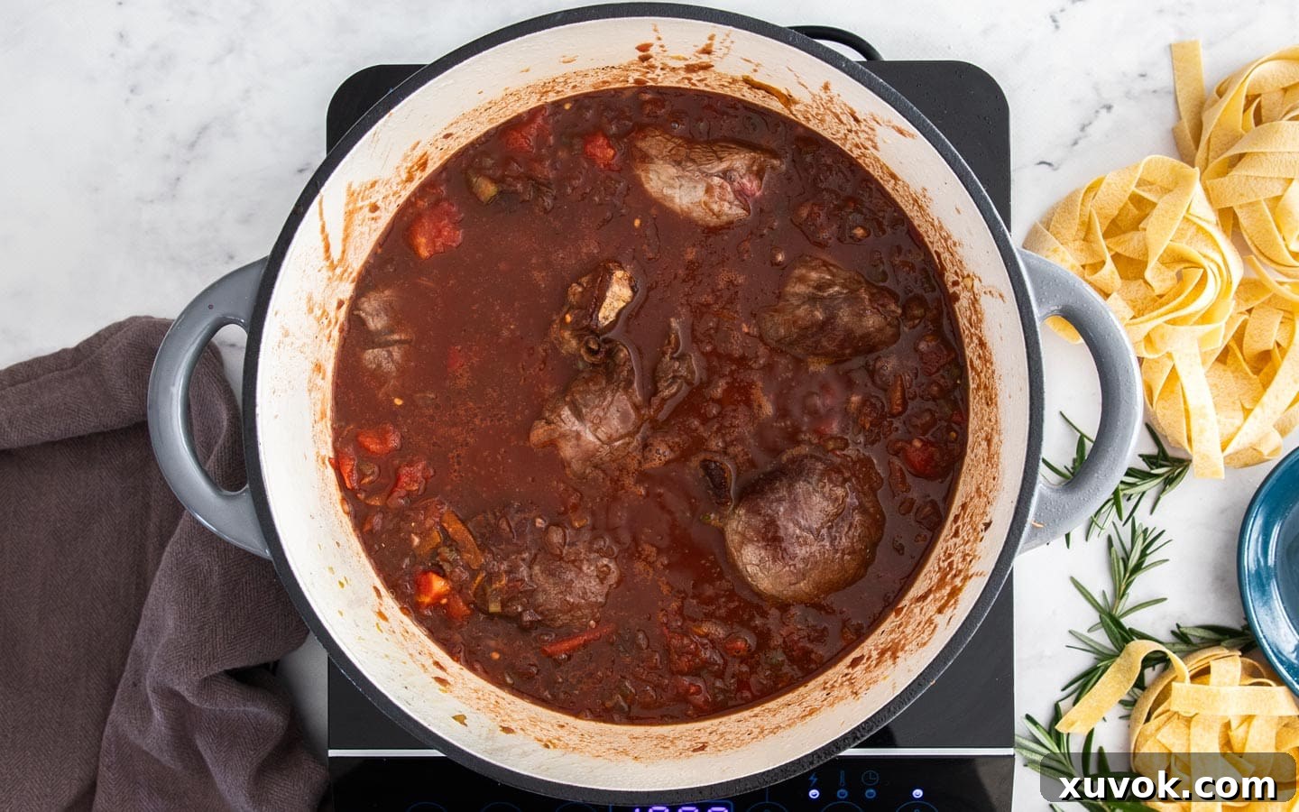 The beef shin ragu right before it goes into the oven.