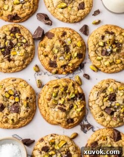 Top down view of the tops of 10 choc chip pistachio cookies.