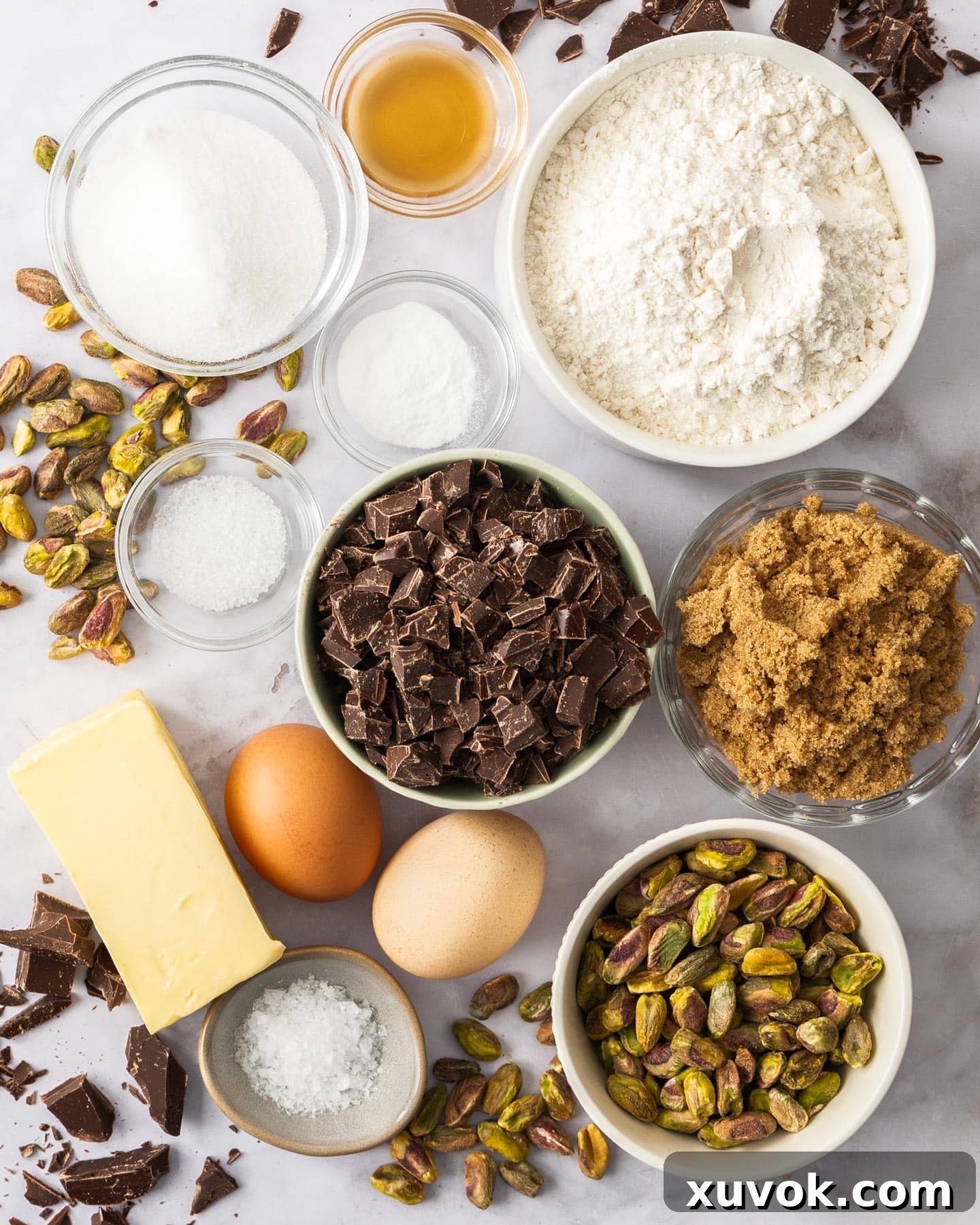 Ingredients for chocolate chip pistachio cookies.