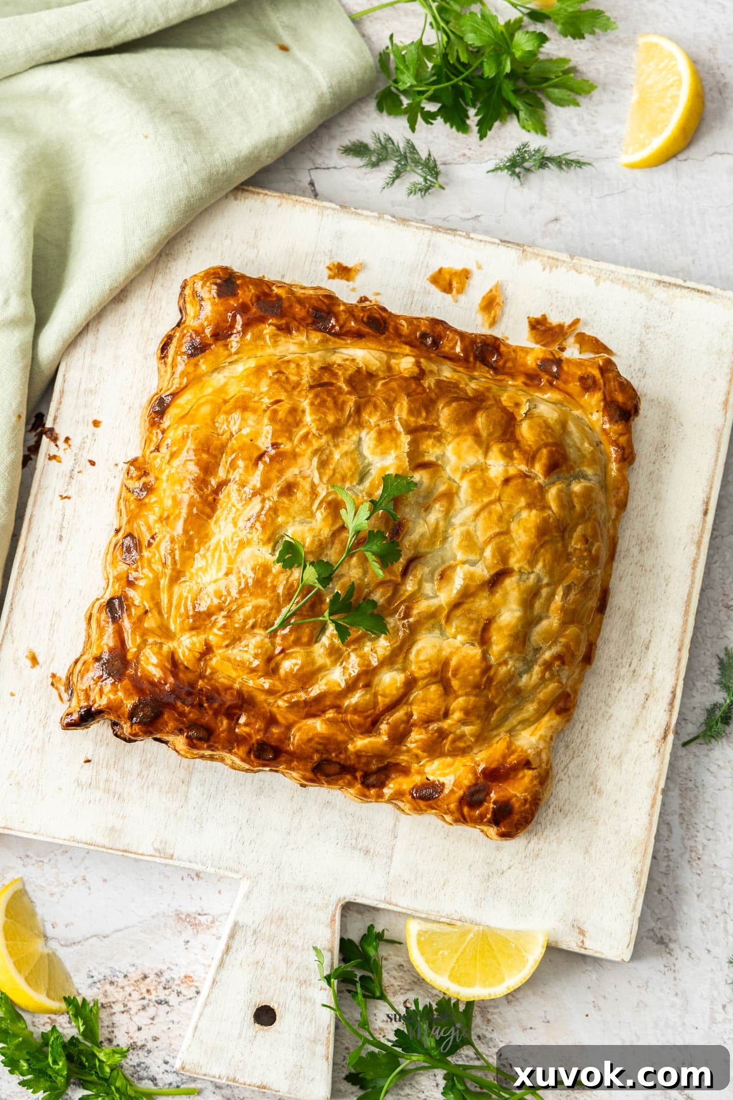 The salmon en croute after it's finished baking, golden brown and flaky.