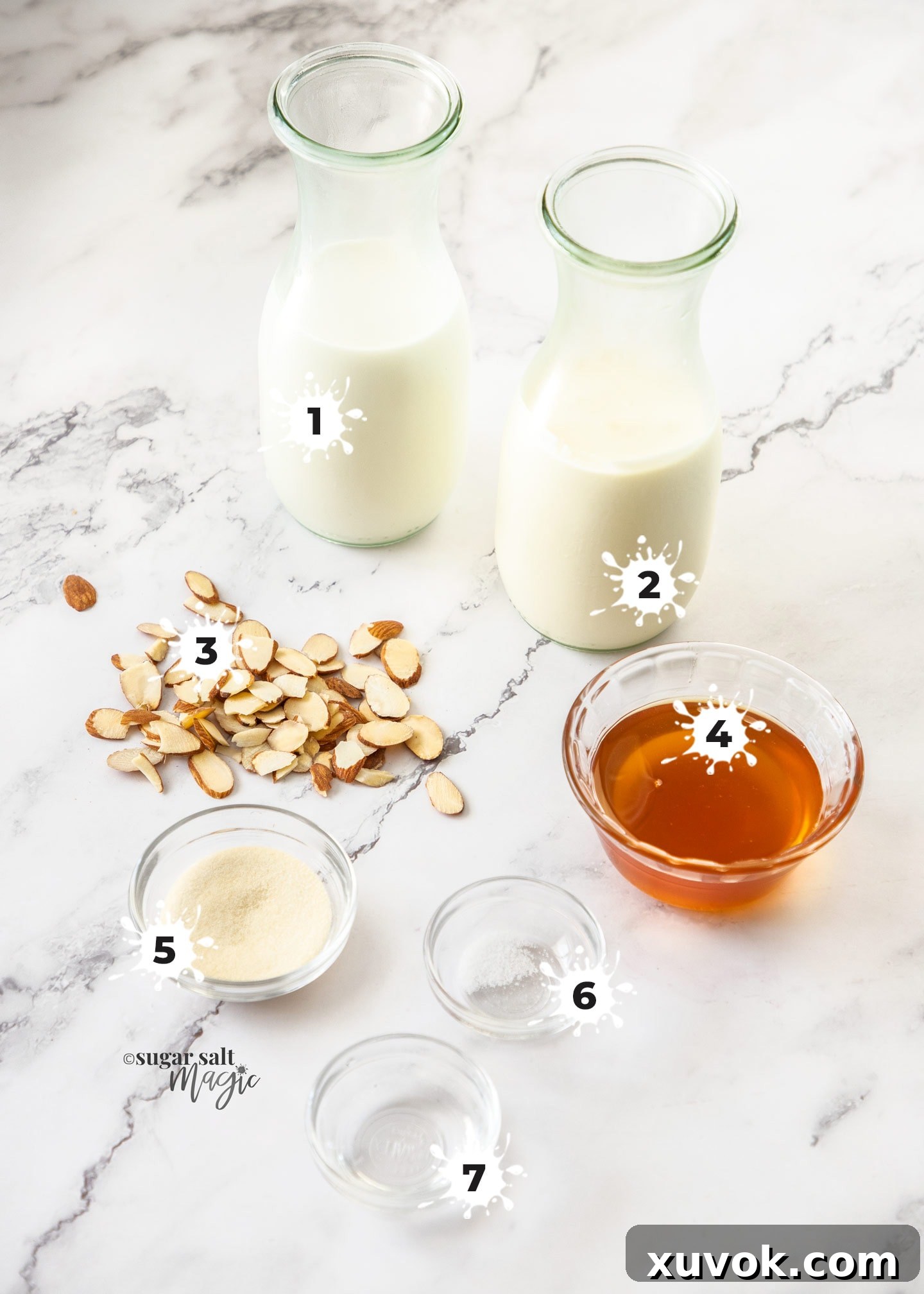 A flat lay of ingredients for honey panna cotta, including milk, cream, honey, and gelatin.