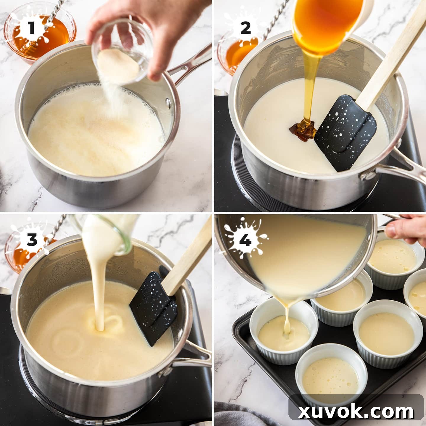 A four-panel image demonstrating the process of making panna cotta, from blooming gelatin to mixing ingredients.
