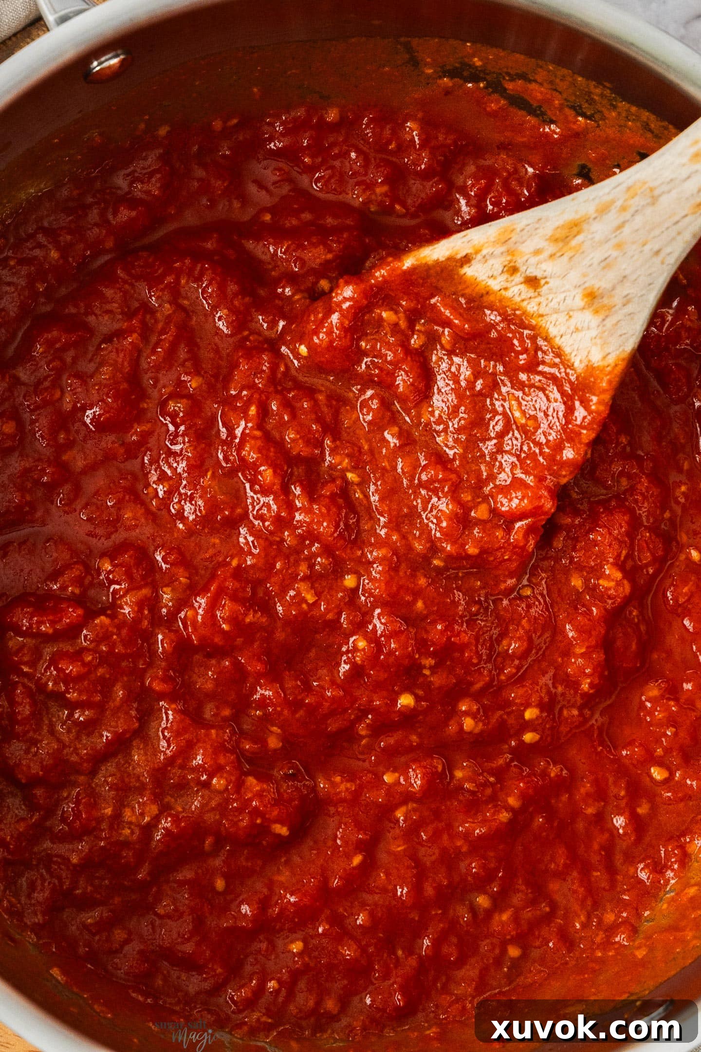 Extreme closeup of arrabbiata sauce, showing its texture and vibrant red color.