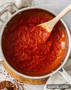 A stainless steel pan filled with arrabbiata sauce with a wooden spoon sticking out.