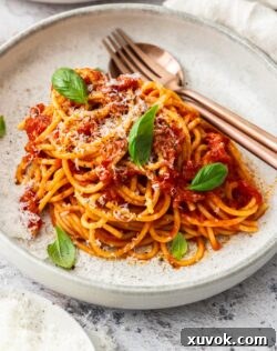 Closeup of spaghetti arrabbiata in a bowl, ready to be served.