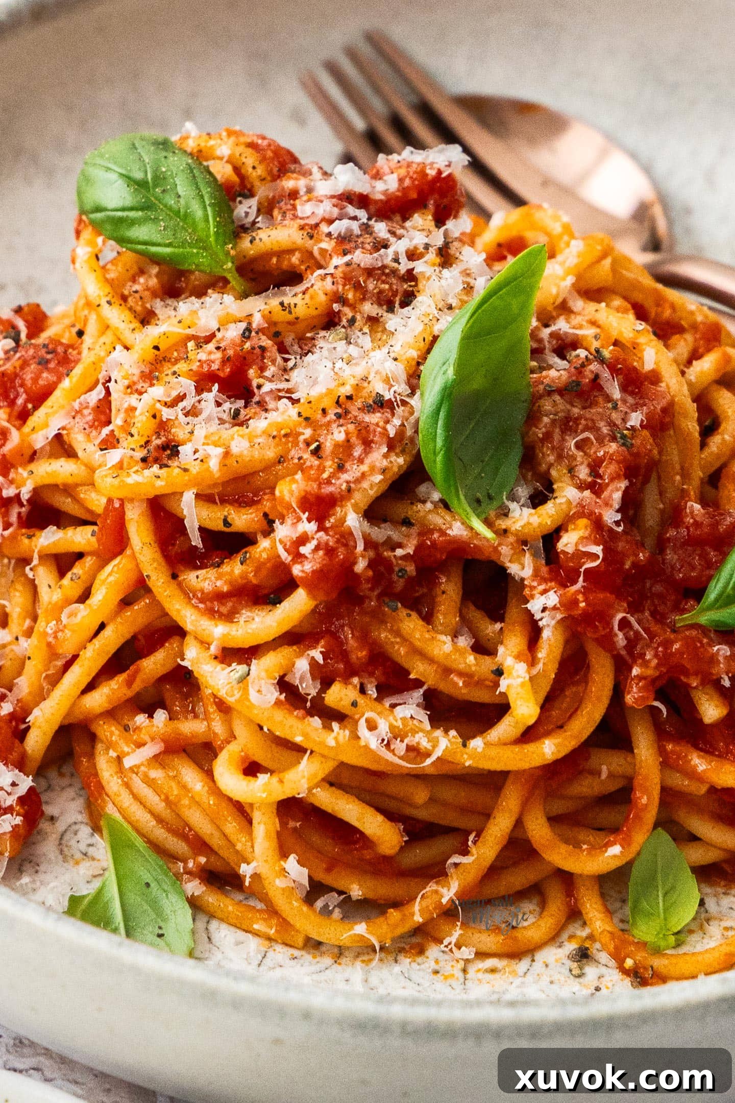Extreme close-up of spaghetti arrabbiata, showcasing the vibrant sauce, pasta texture, and fresh basil garnish.