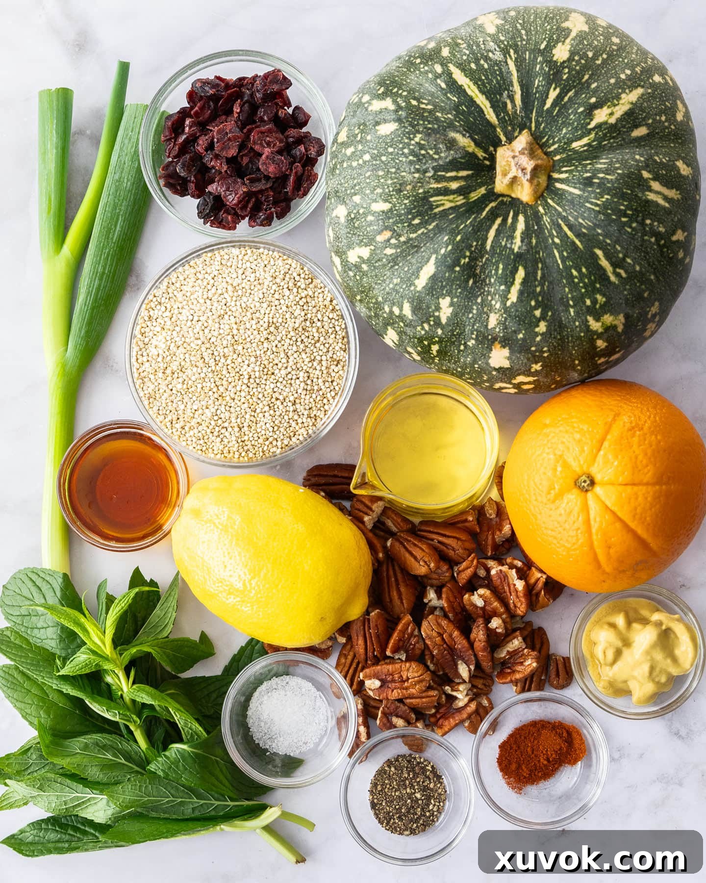 A flat lay image showing all the fresh ingredients needed for a delicious pumpkin quinoa salad, including pumpkin chunks, a bowl of quinoa, fresh mint, pecans, and dried cranberries.