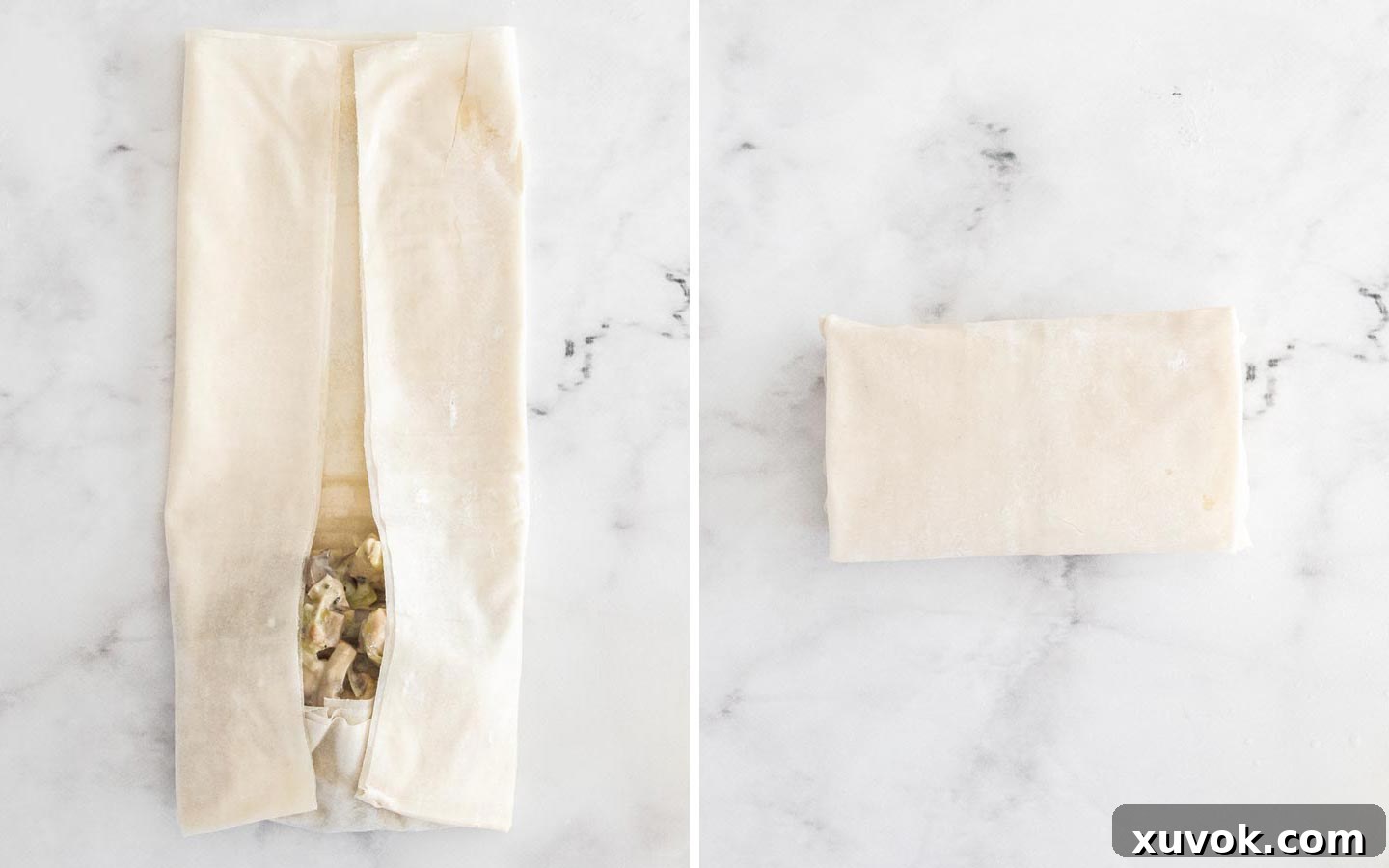 A chicken and mushroom filling tightly rolled and sealed within filo pastry, creating a neat parcel ready for baking.