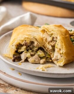 A chicken filo parcel cut open showing the filling inside.