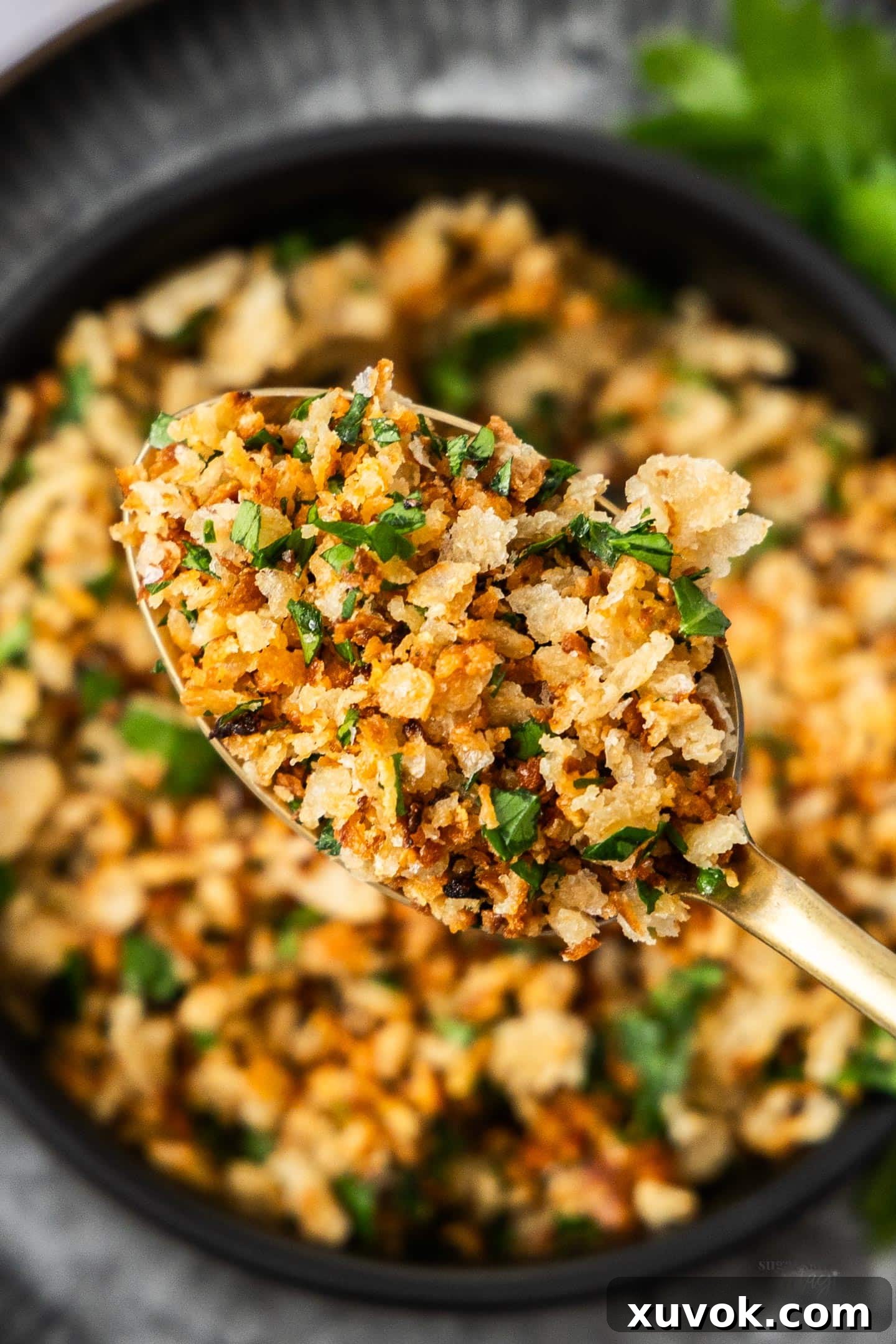 A close-up view of a wooden spoon overflowing with golden, crunchy pangrattato, emphasizing its textured appearance and inviting crispness.