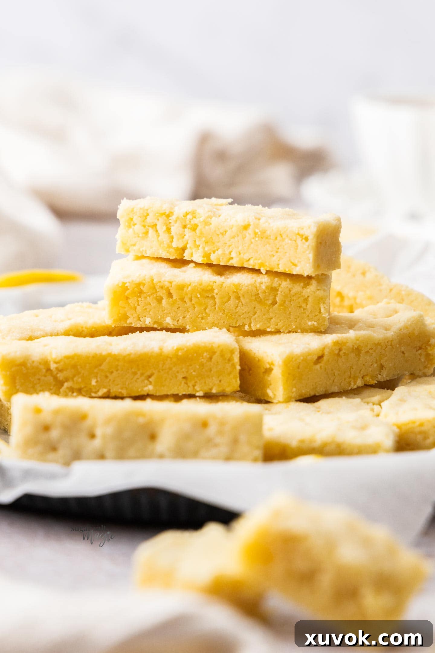 Two pieces of shortbread stacked.