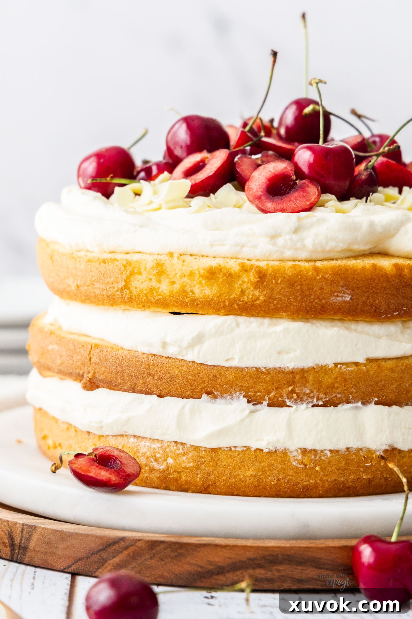 Closeup of the side of the white forest cake showcasing its layers of vanilla cake, cream, and cherry sauce.