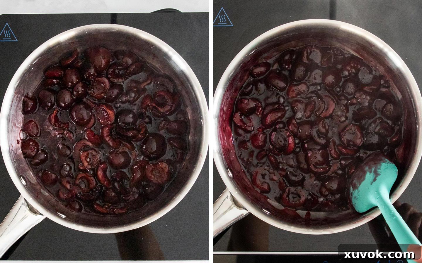 Kirsch cherry sauce simmering in a saucepan, showing its rich color and thick consistency.