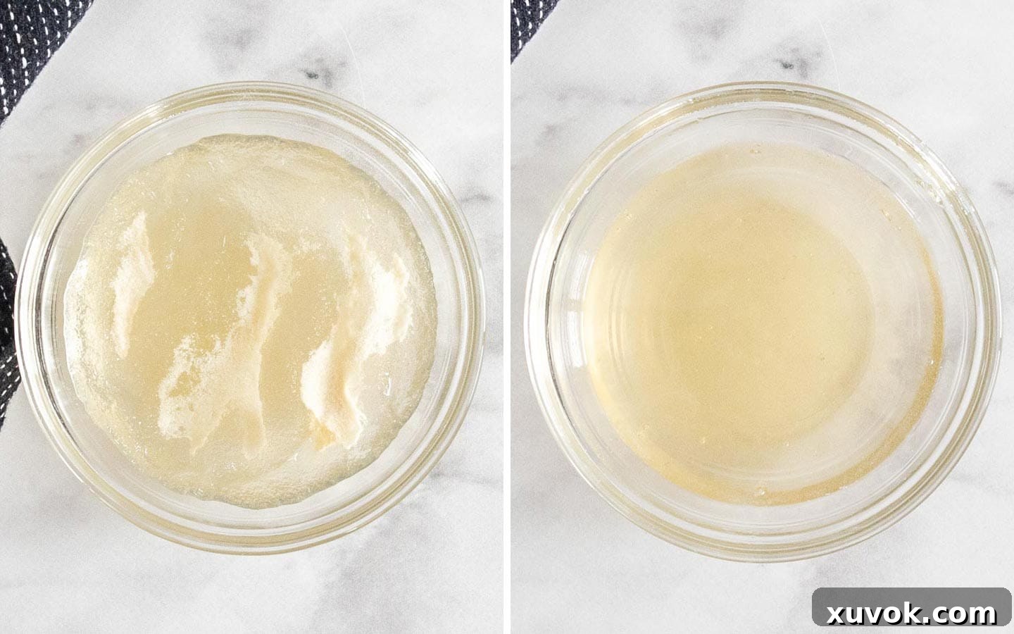 Gelatine shown softened on the left and dissolved into a liquid on the right, in small bowls.