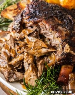 Gravy soaked shredded lamb with potatoes in the background.