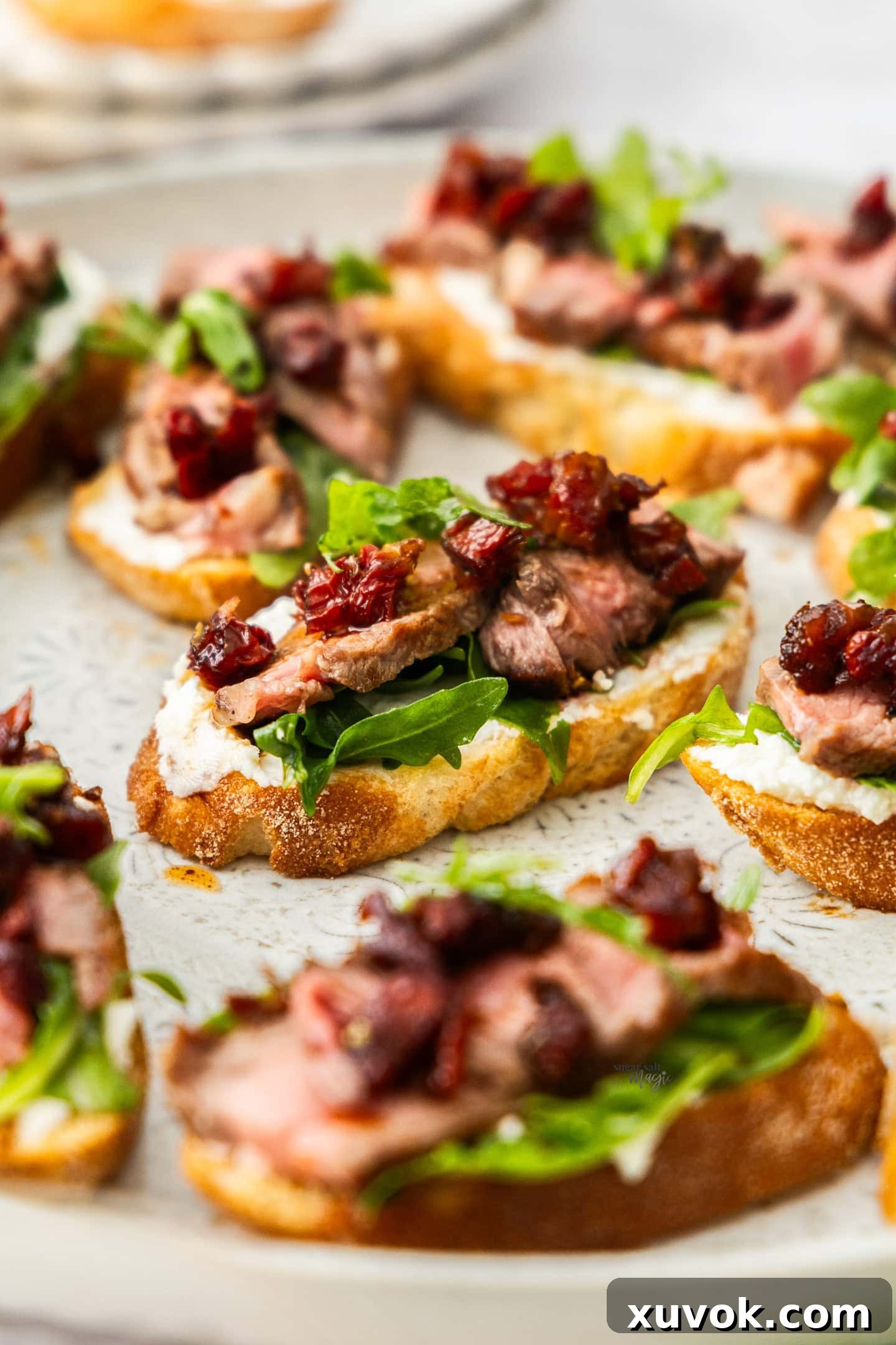 Closeup of a steak crostining topped with sun dried tomatoes.
